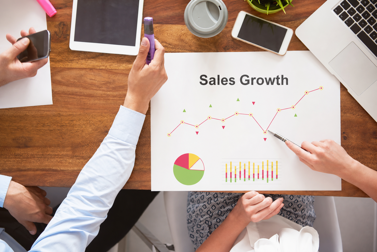 Team reviewing sales growth charts